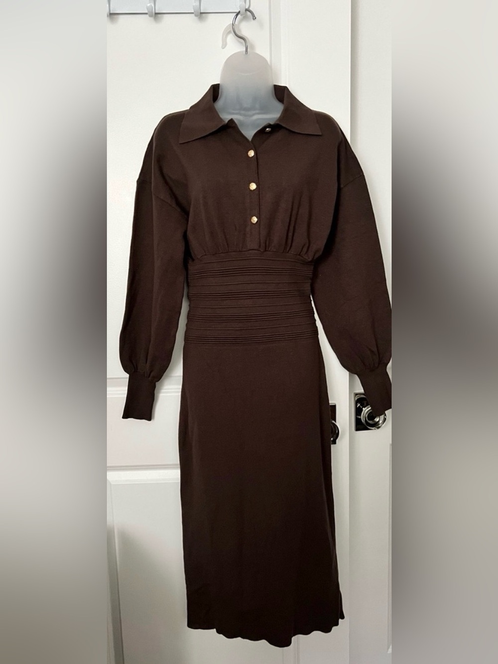 Commense Brown Cinched Waist Knit Shirt Dress Women’s Small Polo Collar